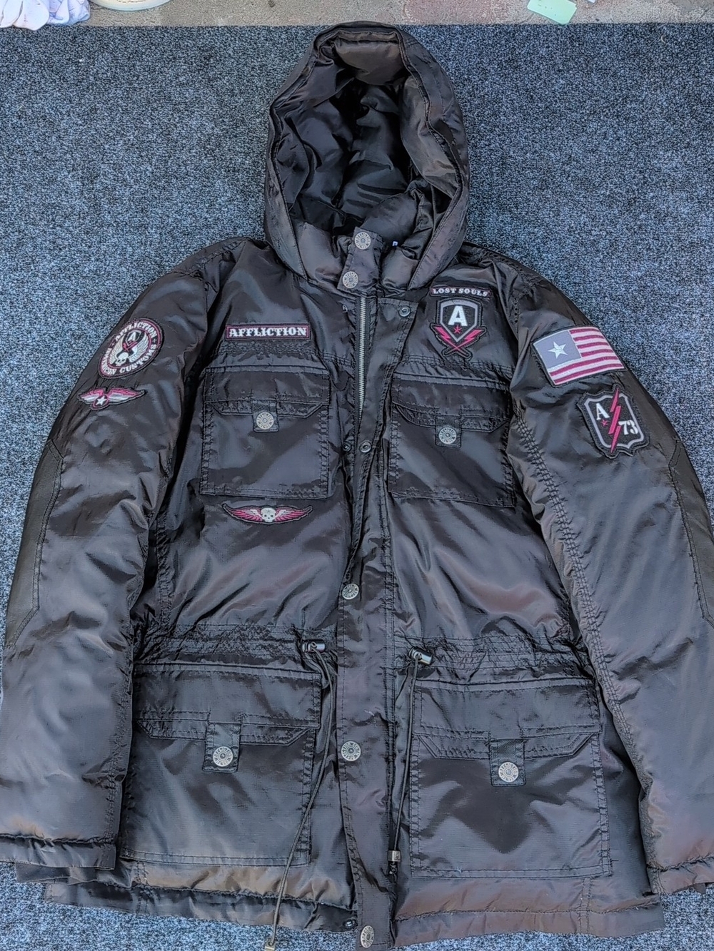 Affliction Black Hooded Puffer Jacket with Patch Details